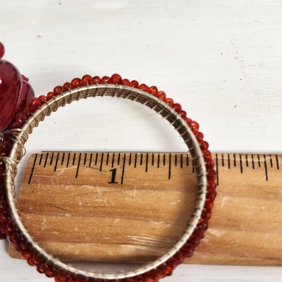6 Red Green Glass Beaded Napkin Rings Holders Floral Set vtg holiday Christmas - Picture 11 of 11